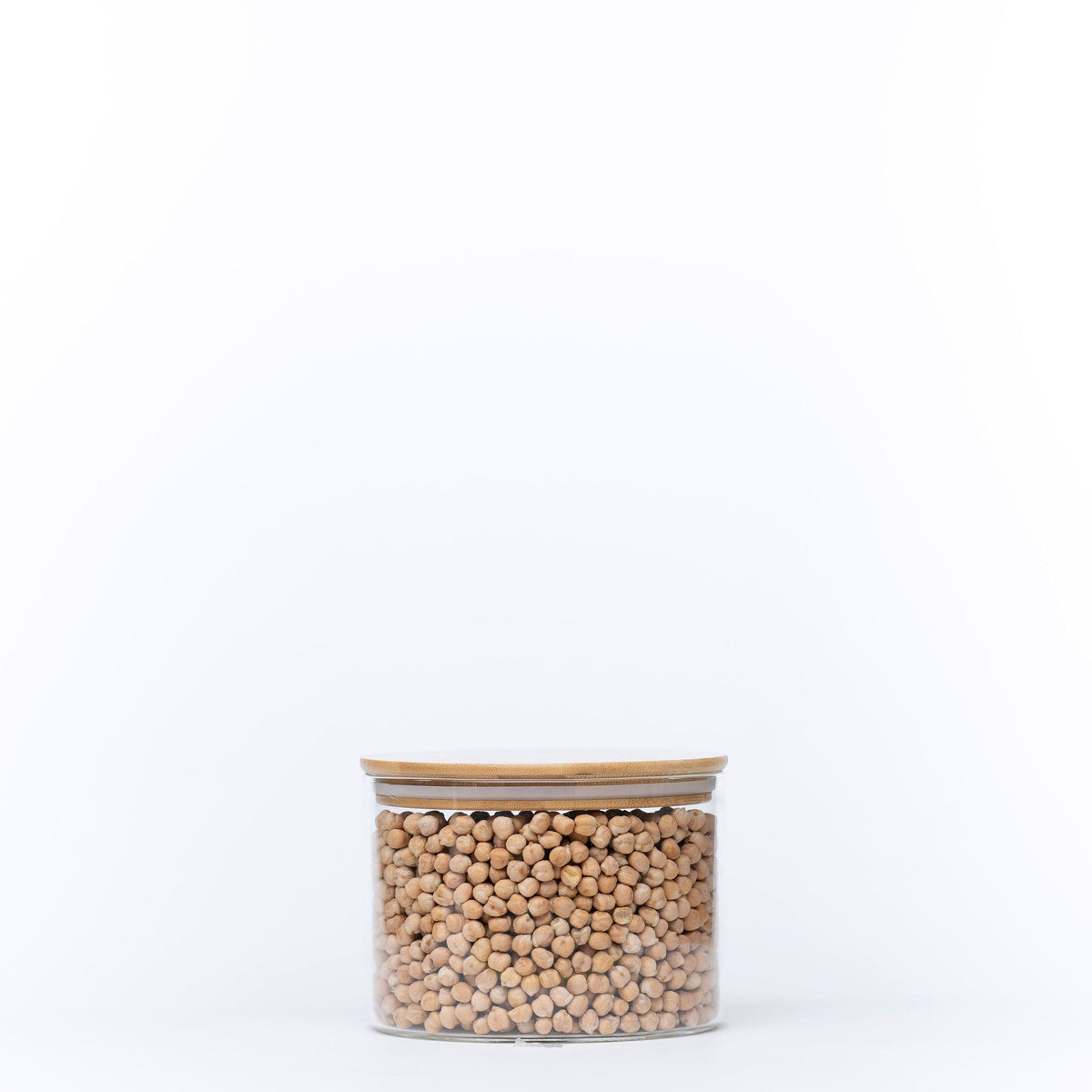 Large Glass Storage Jar with Bamboo Lid 1.6L, ideal for kitchen pantry organisation, storing dry goods like chickpeas.