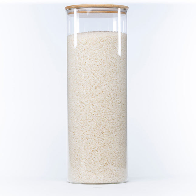 Large Glass Storage Jar with Bamboo Lid 6.4L used for rice storage, perfect for kitchen and pantry organisation.
