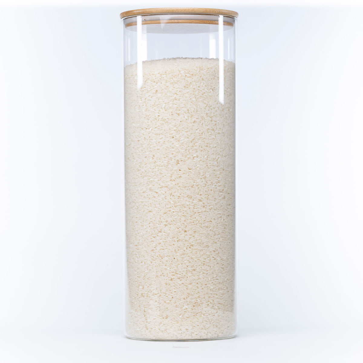 Large Glass Storage Jar with Bamboo Lid 6.4L used for rice storage, perfect for kitchen and pantry organisation.