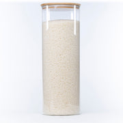 Large Glass Storage Jar with Bamboo Lid 6.4L used for rice storage, perfect for kitchen and pantry organisation.