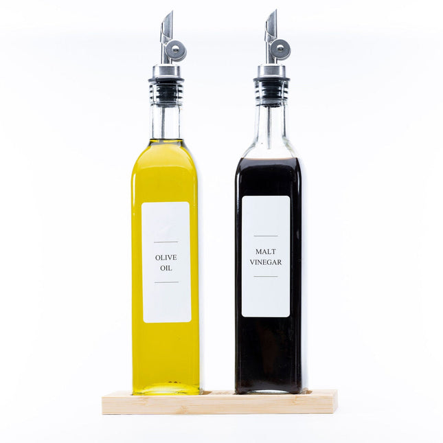 Bamboo Tray for Square Oil Bottles showcasing olive oil and vinegar for efficient kitchen or pantry organisation.