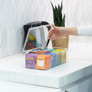 Multi-Use Storage Box with Dividers holding tea bags for kitchen organisation on a marble countertop.
