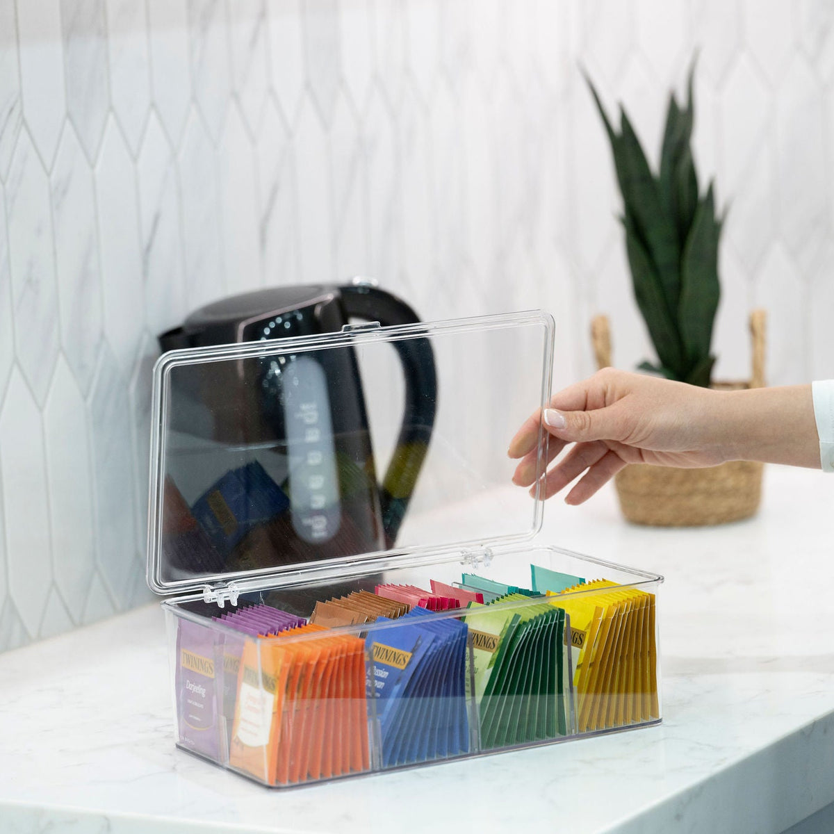 Multi-Use Storage Box with Dividers on kitchen counter, ideal for organising tea bags and enhancing pantry storage.