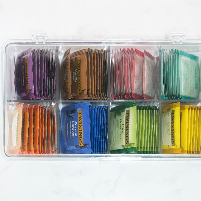 Multi-Use Storage Box with Dividers organising tea bags; ideal for pantry organisation and kitchen storage.