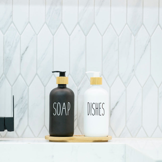 White Glass Pump Bottle – 500 ml Refillable Dispenser on kitchen counter with bamboo accents