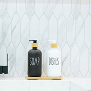 White Glass Pump Bottle – 500 ml Refillable Dispenser on kitchen counter with bamboo accents