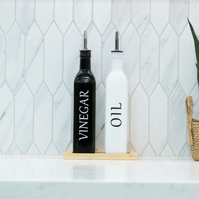 Black Oil and Vinegar Bottle – 500ml Modern Glass Dispenser in kitchen setup, ideal for pantry and under sink storage organisers.