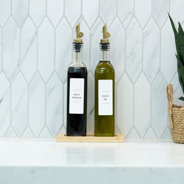 Clear Oil & Vinegar Bottles with Bamboo Tray – 500 ml in kitchen setting for effective pantry organisation and storage.
