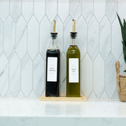 Clear Oil & Vinegar Bottles with Bamboo Tray – 500 ml, perfect for kitchen and pantry organisation, enhancing storage with style.