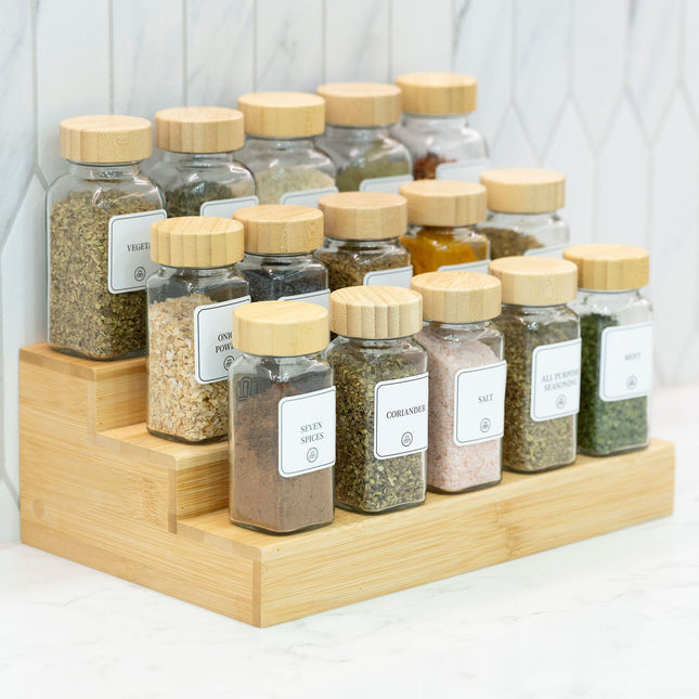 Bamboo Shaker Spice Jar – 120 ml displayed on a kitchen countertop organiser, ideal for pantry organisation with glass jars and storage solutions.