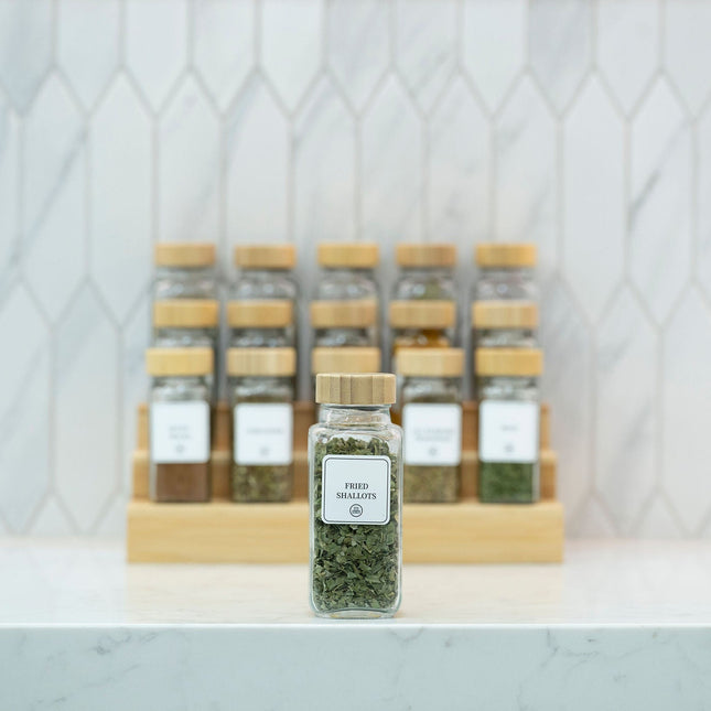 Bamboo Shaker Spice Jar – 250 ml on kitchen counter, ideal for pantry organisation with glass jars and storage organisers.
