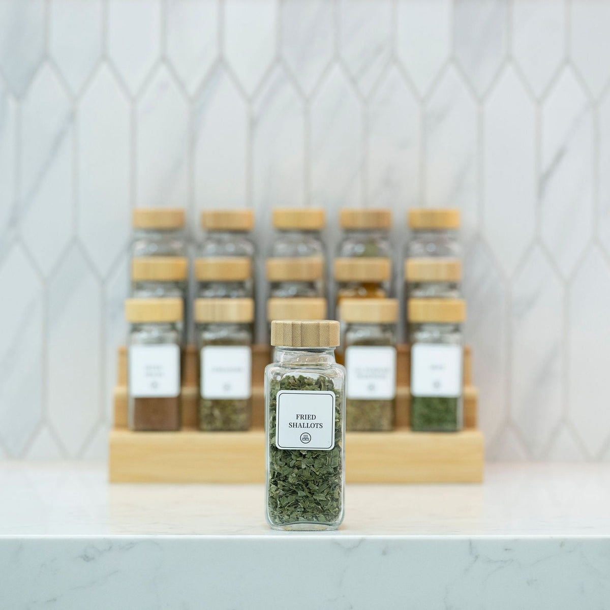 Bamboo Shaker Spice Jar – 250 ml on kitchen counter, ideal for pantry organisation with glass jars and storage organisers.