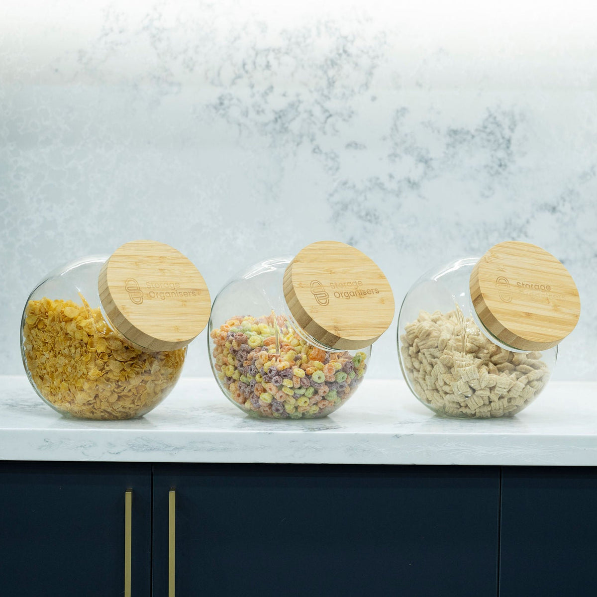 Round Tilt Glass Jar with Bamboo Lid – 4 L on kitchen counter, ideal for pantry organisation and food storage with style.