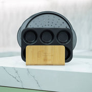 Bamboo Standing Tray & Lid Organiser for efficient kitchen organisation, ideal for storing lids and trays on countertops.