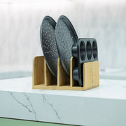 Bamboo Standing Tray & Lid Organiser displaying baking trays on a kitchen counter, enhancing kitchen organisation and storage efficiency.