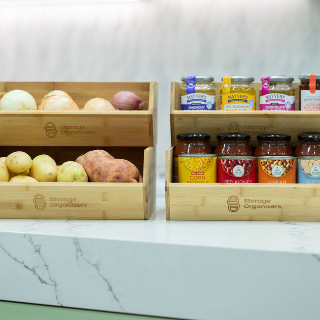 New Home Set Up Pack with bamboo pantry storage filled with canned goods and fresh vegetables on a kitchen counter