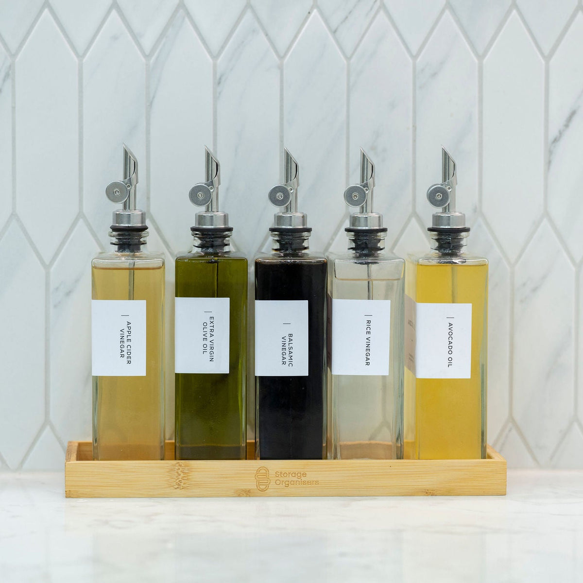 Alt Tag: Glass Oil & Vinegar Dispenser Set – 2 Pack (500ml, Book Style) for kitchen pantry organisation, shown with various oils.