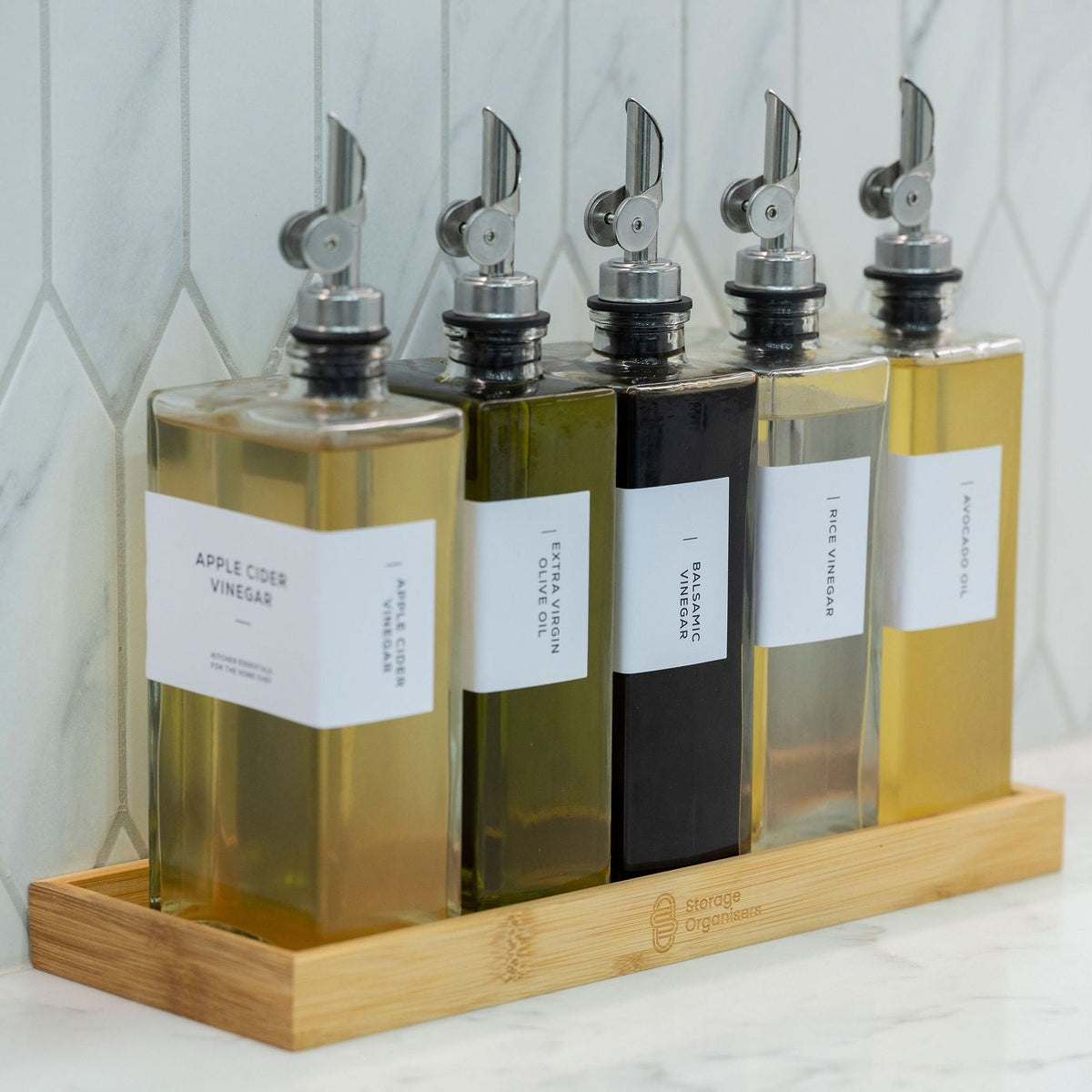 Oil & Vinegar Book Bottles with Bamboo Tray – 5 Pack for kitchen organisation, featuring stylish storage organisers for pantry use.