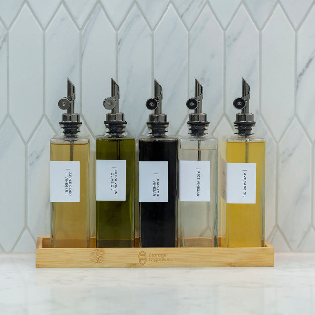 Oil & Vinegar Book Bottles with Bamboo Tray – 5 Pack for kitchen organisation, perfect storage organisers for oils and vinegars.