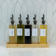 Oil & Vinegar Book Bottles with Bamboo Tray – 5 Pack for kitchen organisation, perfect storage organisers for oils and vinegars.