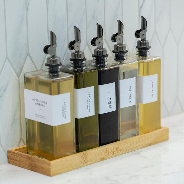 Oil & Vinegar Book Bottles with Bamboo Tray – 5 Pack for kitchen organisation, enhancing pantry storage with drawer organisers and glass jars.