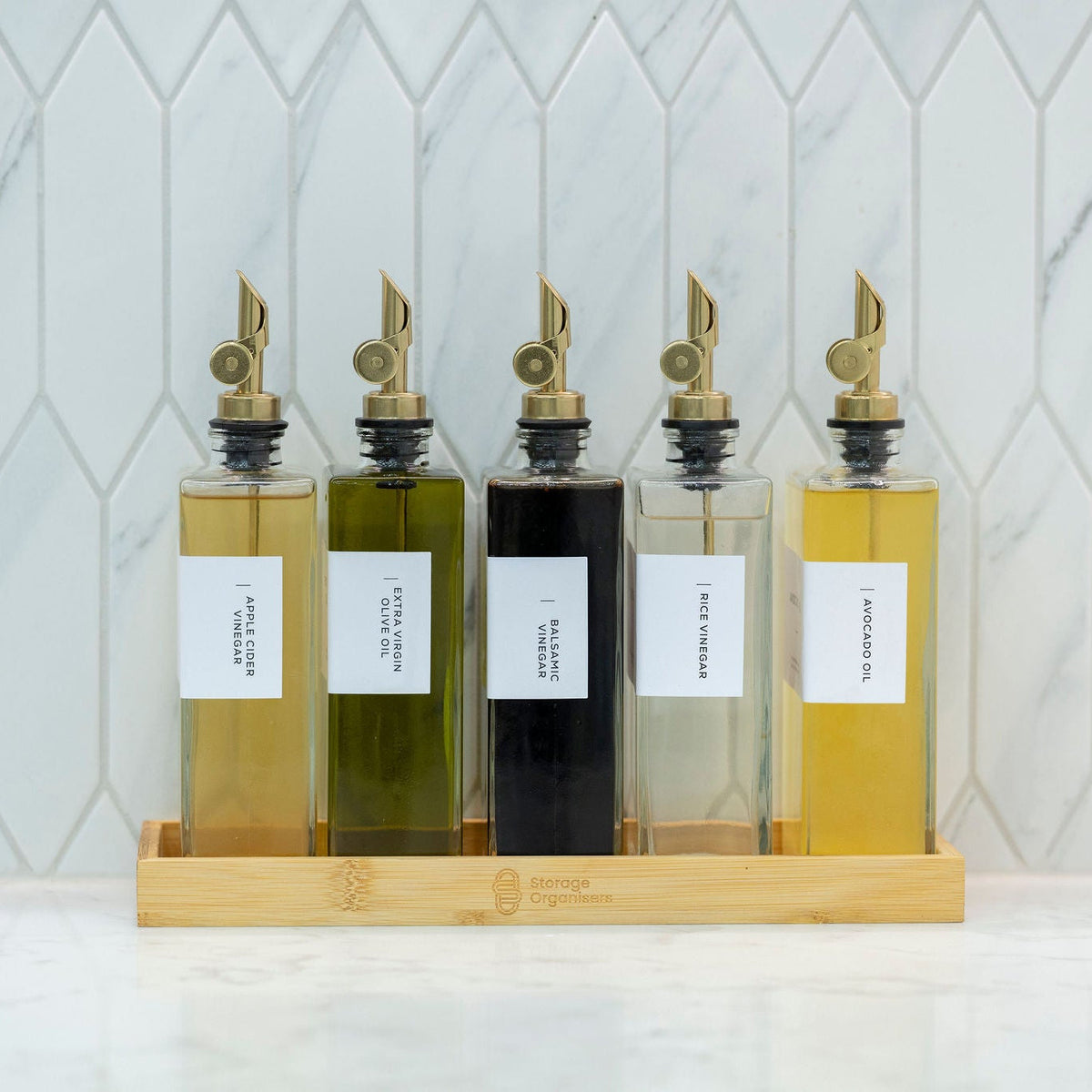 Oil & Vinegar Book Bottles with Bamboo Tray – 5 Pack for kitchen organisation, ideal for pantry or countertop use.