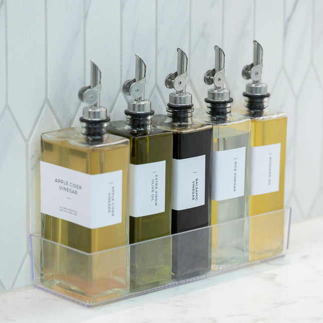 Glass Oil & Vinegar Book Bottle – 350ml Dispenser for kitchen organisation showcasing storage organisers in a modern pantry setting.