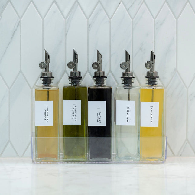 Glass Oil & Vinegar Book Bottle – 350ml Dispenser displayed on kitchen counter for pantry organisation