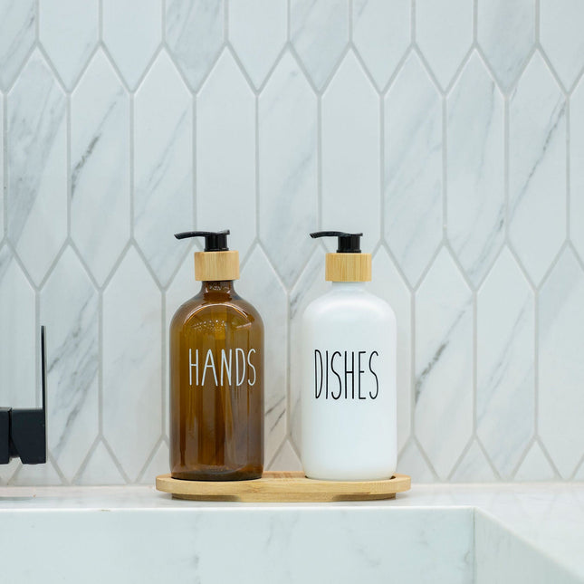 Brown Glass Pump Bottle – 500 ml Refillable Dispenser on bathroom countertop for home storage organisers Australia