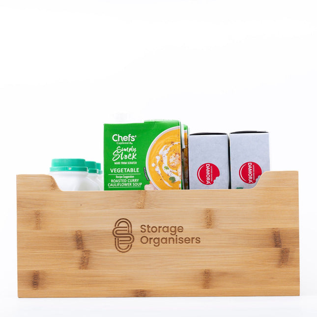 Bamboo Storage Tub – Large filled with kitchen supplies, ideal for pantry organisation using storage organisers.