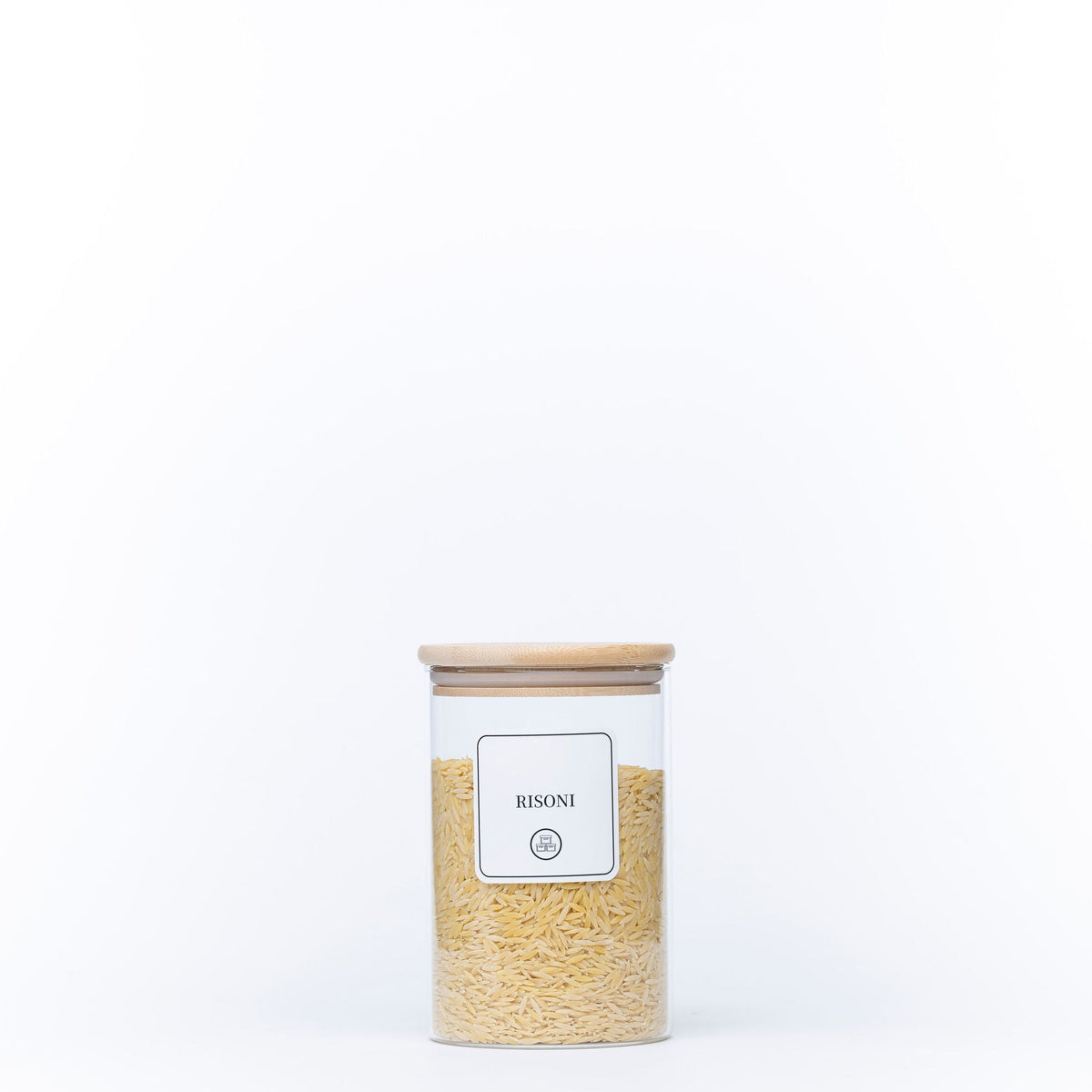 Round Glass Bamboo Storage Jars – 8 Sizes perfect for pantry organisation, showcasing risoni storage in a tidy kitchen setting.