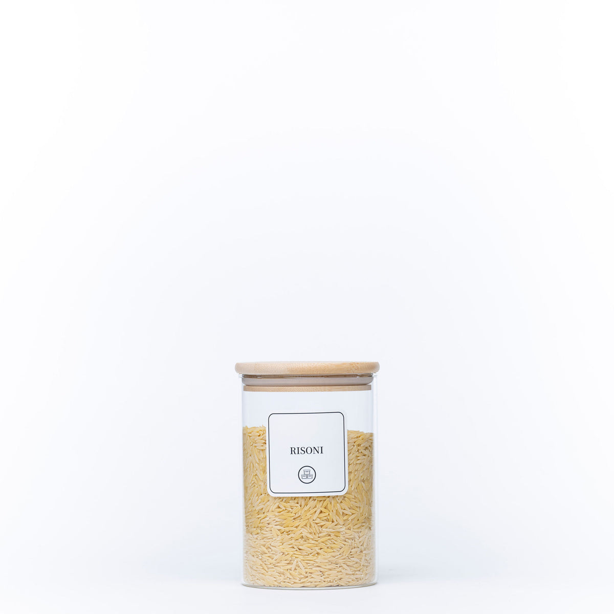 1250ml Glass Storage Jar with Bamboo Lid filled with risoni, ideal for pantry organisation and kitchen storage.