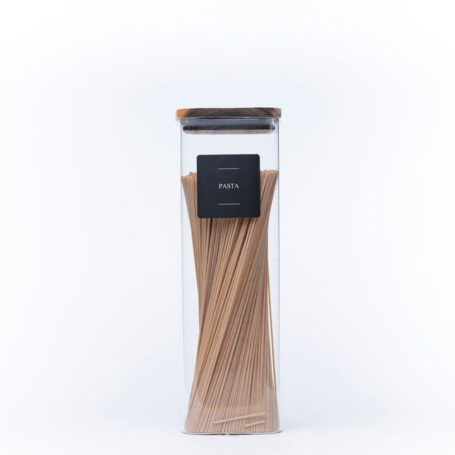 Square Acacia Lid Glass Jar filled with pasta, ideal for pantry organisation and kitchen storage solutions.