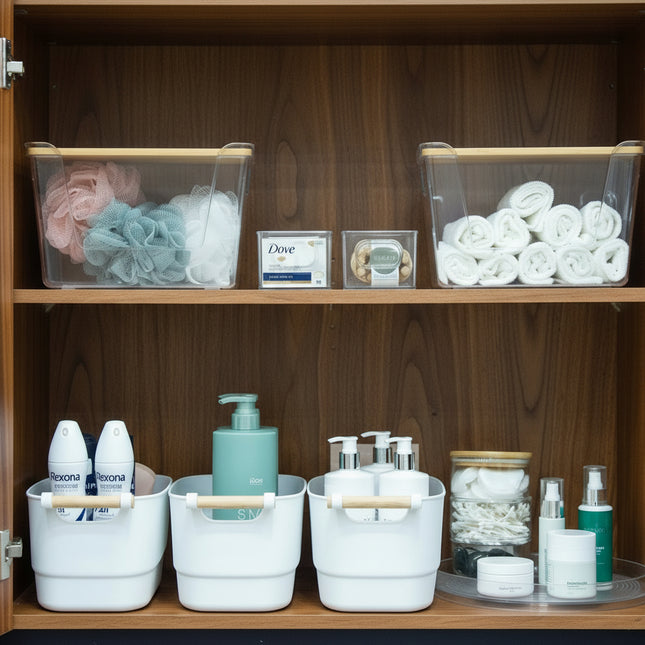 Bathroom cabinet neatly organised with the New Home Set Up Pack featuring storage organisers and glass jars for efficient organisation.