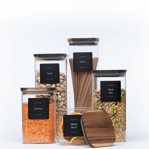 Square Acacia Lid Glass Jars – 5 Sizes for kitchen organisation, ideal for storing pasta, nuts, lentils, and dried fruit on pantry shelves.