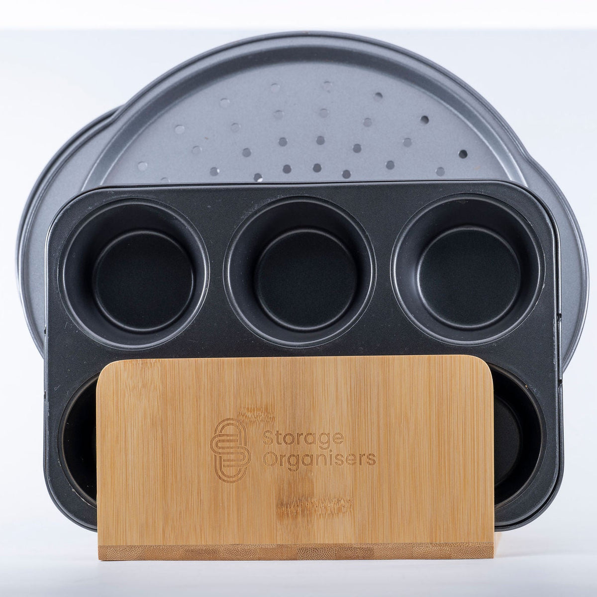 Bamboo Standing Tray & Lid Organiser for efficient kitchen organisation, ideal for storing lids and trays in pantry or drawers.
