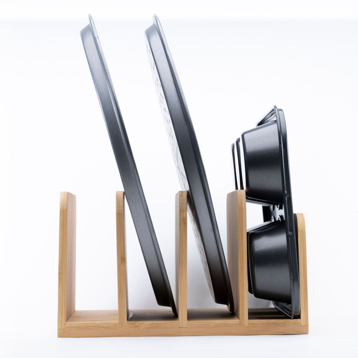 Bamboo Standing Tray & Lid Organiser displaying kitchen trays and lids, ideal for pantry or under sink storage improving kitchen organisation.
