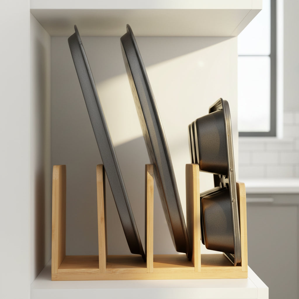 Bamboo Standing Tray & Lid Organiser used for kitchen storage, perfect for organising baking trays and pans in a cabinet.
