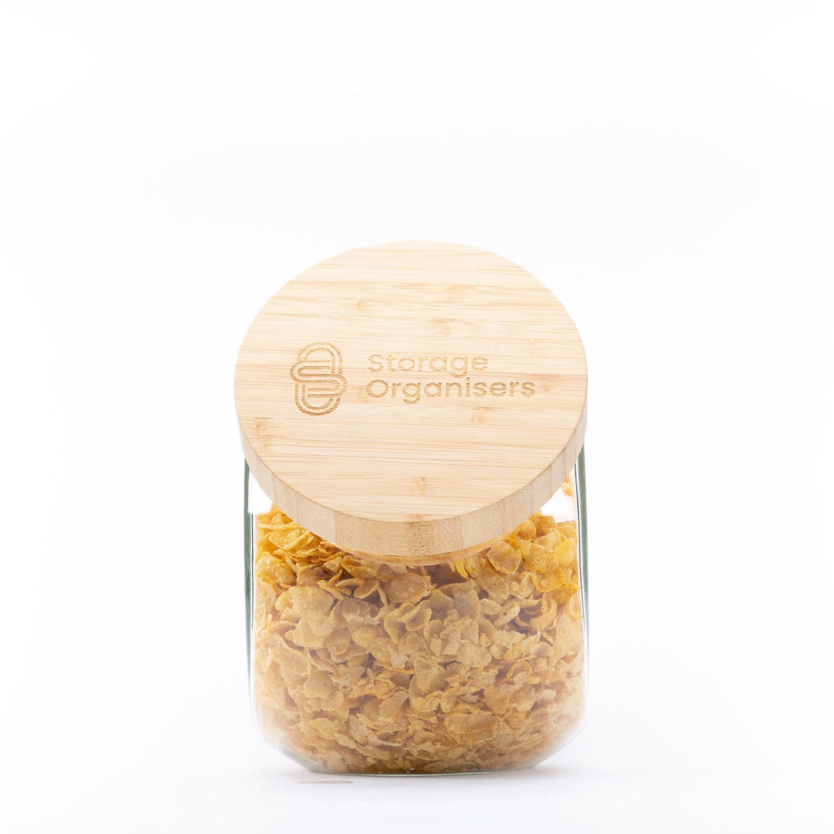 Round Tilt Glass Jar with Bamboo Lid – 4 L filled with cereal, ideal for kitchen and pantry organisation. Perfect glass jar storage solution.