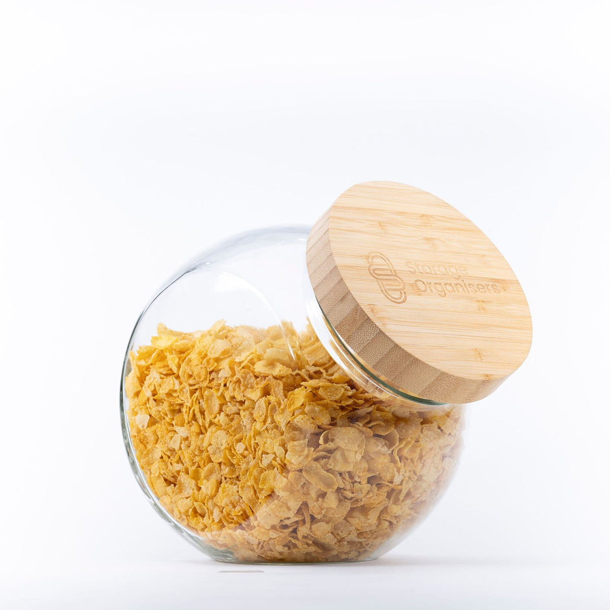 Round Tilt Glass Jar with Bamboo Lid – 4 L filled with cornflakes, ideal for kitchen and pantry organisation, enhancing storage organisers.