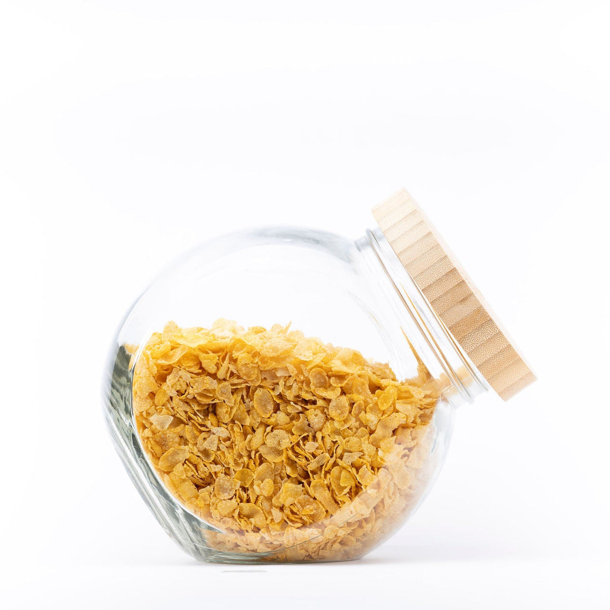 Round Tilt Glass Jar with Bamboo Lid – 4 L filled with cornflakes, ideal for kitchen and pantry organisation, enhancing storage solutions.