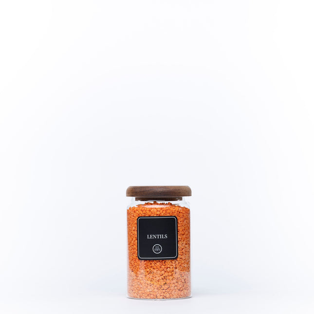 900ml Acacia Glass Jar – Airtight Kitchen Storage filled with lentils, perfect for pantry organisation and kitchen storage solutions.