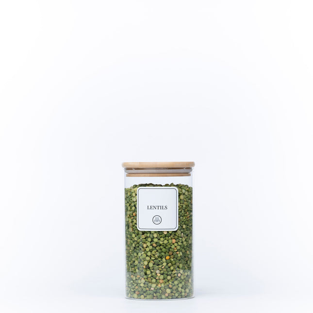 1400ml Round Glass Storage Jar with Bamboo Lid filled with lentils, ideal for pantry organisation and kitchen storage.