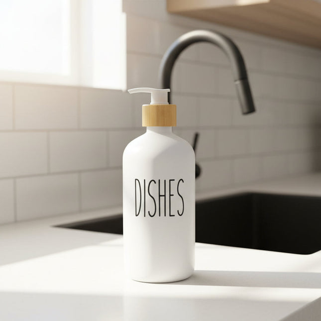 White Glass Pump Bottle – 500 ml Refillable Dispenser ideal for kitchen sink soap storage, promoting efficient pantry organisation.