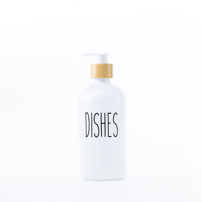 White Glass Pump Bottle – 500 ml Refillable Dispenser for kitchen organisation, ideal for soap or liquid storage on countertops.