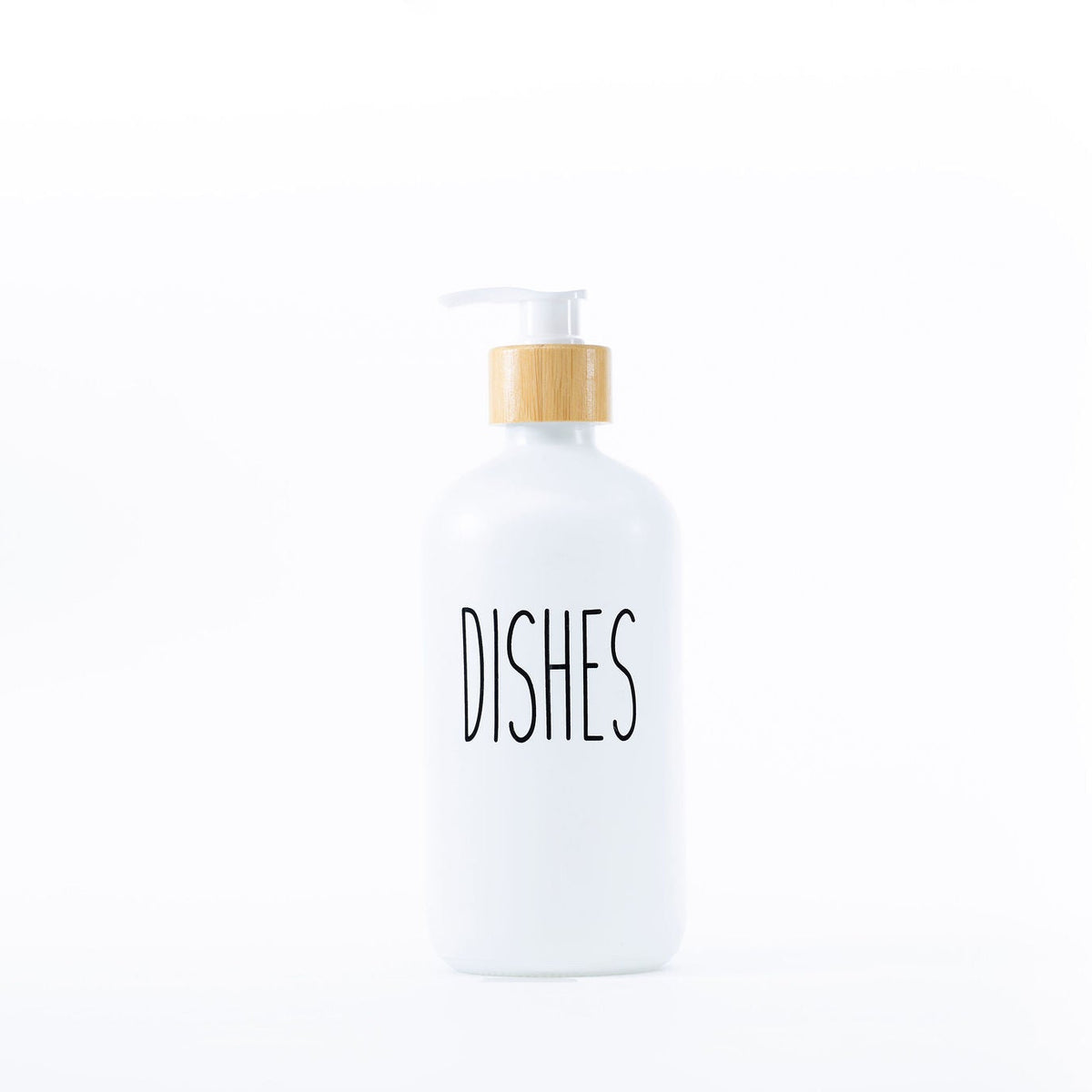 White Glass Pump Bottle – 500 ml Refillable Dispenser for kitchen organisation, ideal for soap or liquid storage on countertops.