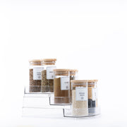 Clear 3-Tier Corner Spice Rack with 11 × 160 ml Spice Jars for kitchen organisation showcasing spices neatly stored.