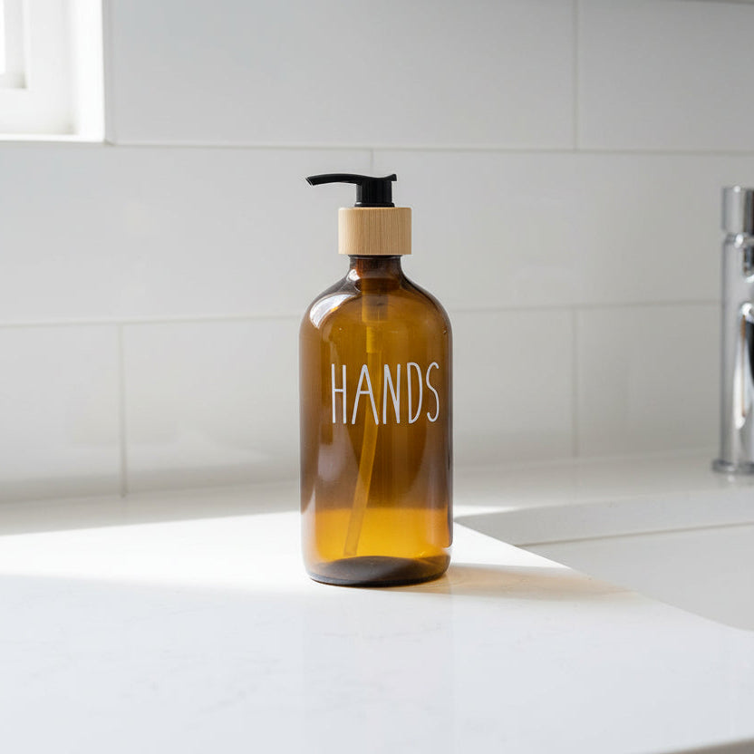 Brown Glass Pump Bottle – 500 ml Refillable Dispenser for kitchen or bathroom use, ideal for enhancing pantry organisation.