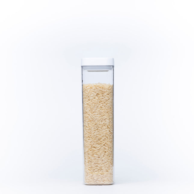 Elegant White Airtight Container – 1800ML filled with rice, perfect for kitchen storage and pantry organisation.