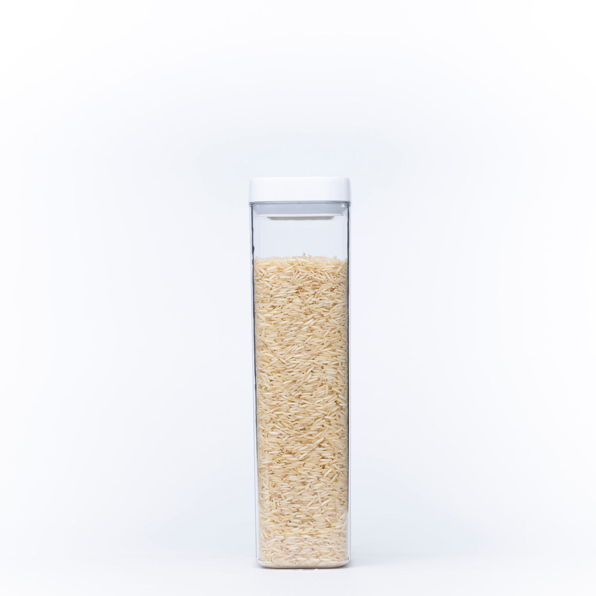 Elegant White Airtight Container – 1800ML filled with rice, perfect for kitchen storage and pantry organisation.